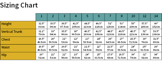 Stinger Suit Size Chart
